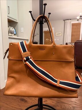 Shinola Cognac Leather Messenger Tote with Striped Shoulder Strap